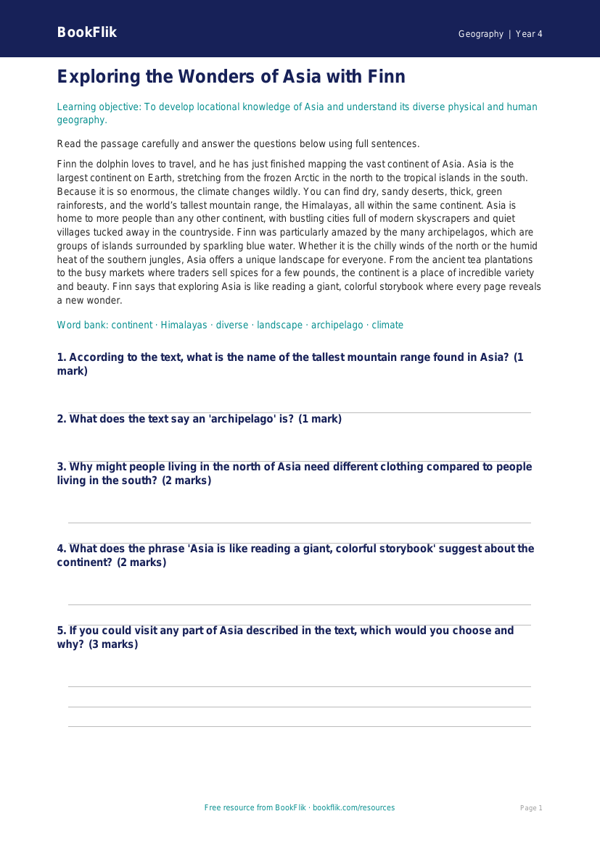 Free Asia Geography Comprehension for Grade 3 | BookFlik worksheet preview — Geography Asia