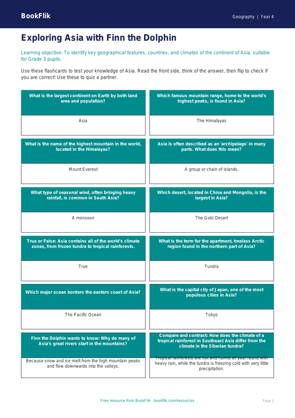Asia Flashcards for Grade 3 | Geography Resources | BookFlik worksheet preview — Geography Asia