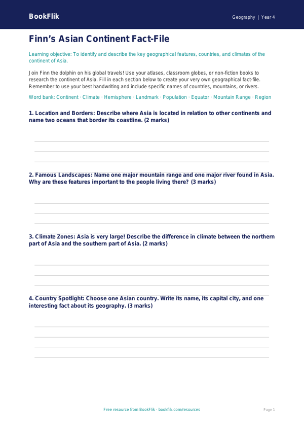 Free Asia Map Template for Grade 3 Geography - BookFlik worksheet preview — Geography Asia