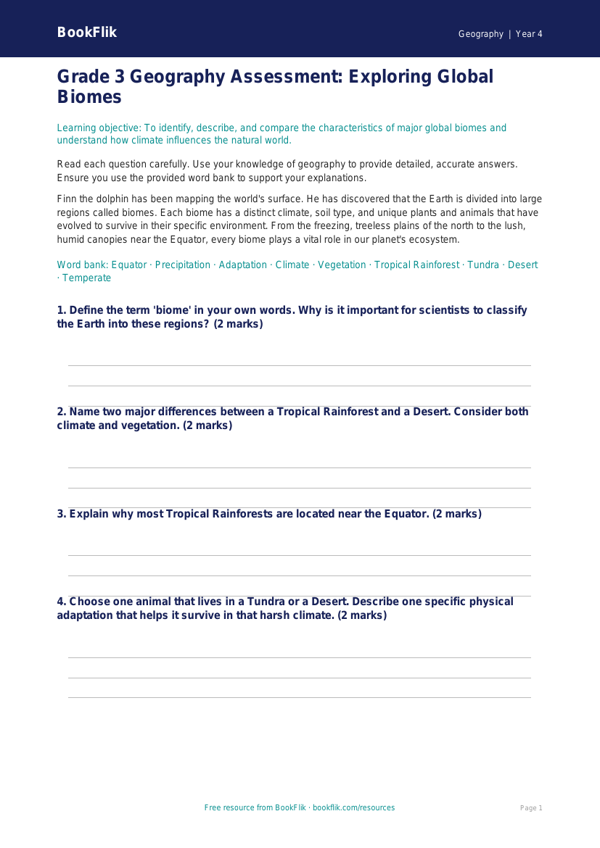 Free Biomes Assessment | Grade 3 | Geography | BookFlik worksheet preview — Geography Biomes