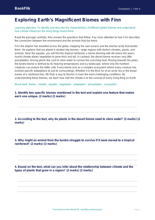 Free Biomes Comprehension | Grade 3 | Geography | BookFlik worksheet preview — Geography Biomes