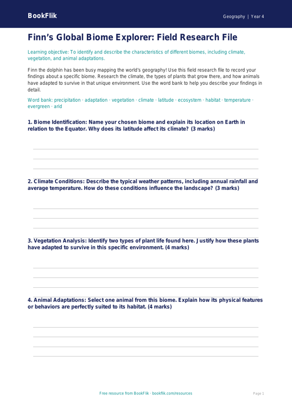 Free Biomes Template | Grade 3 | Geography | BookFlik worksheet preview — Geography Biomes