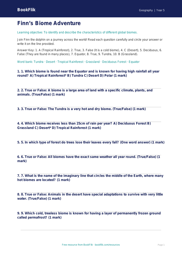 Free Biomes Quiz | Grade 4 | Geography | BookFlik worksheet preview — Geography Biomes