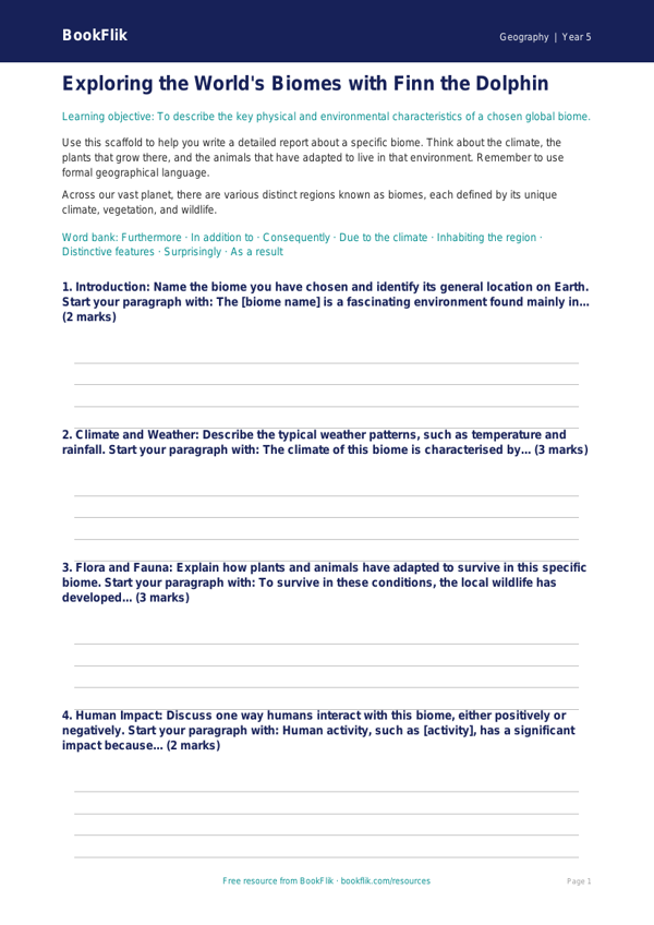 Free Biomes Writing Frame | Grade 4 | Geography | BookFlik worksheet preview — Geography Biomes