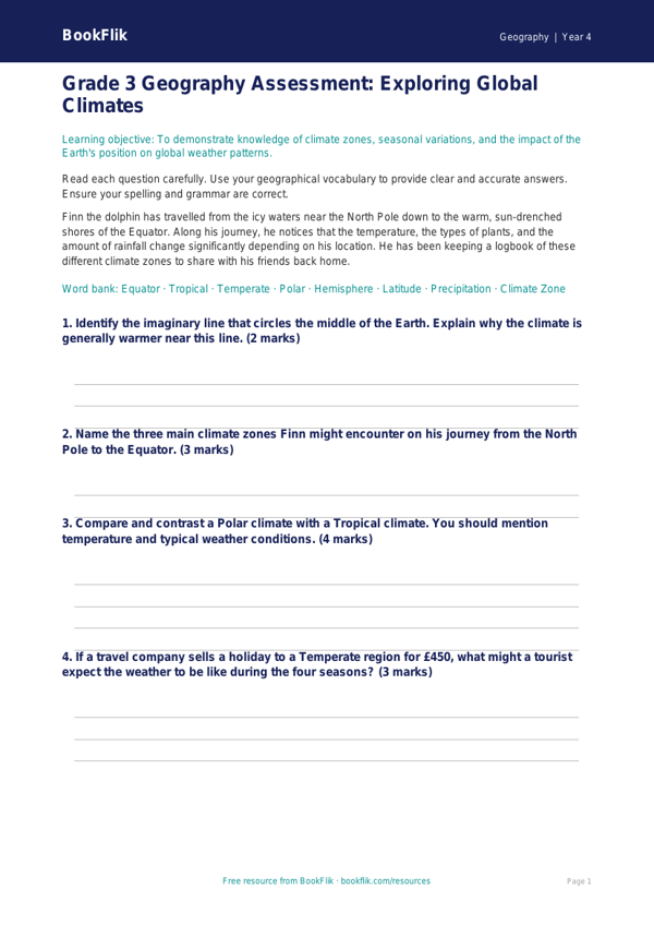 Free Climate Assessment | Grade 3 | Geography | BookFlik worksheet preview — Geography Climate