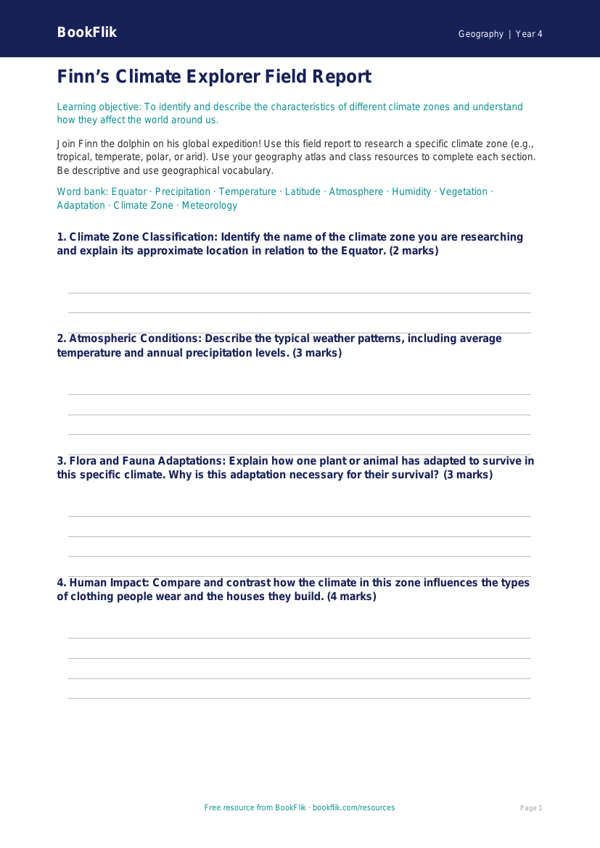 Free Climate Template | Grade 3 | Geography | BookFlik worksheet preview — Geography Climate