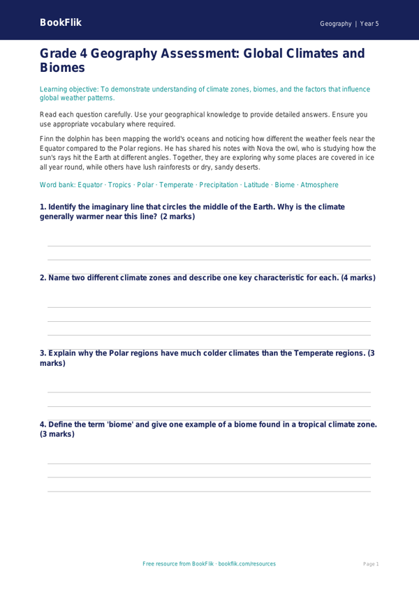 Free Climate Assessment | Grade 4 | Geography | BookFlik worksheet preview — Geography Climate