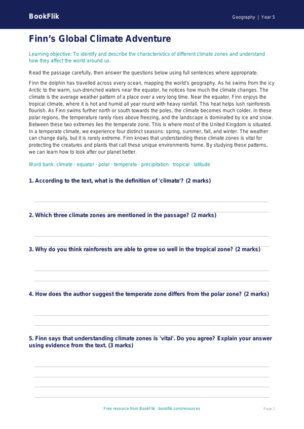 Free Climate Comprehension | Grade 4 | Geography | BookFlik worksheet preview — Geography Climate