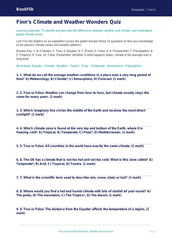 Free Climate Quiz | Grade 4 | Geography | BookFlik worksheet preview — Geography Climate