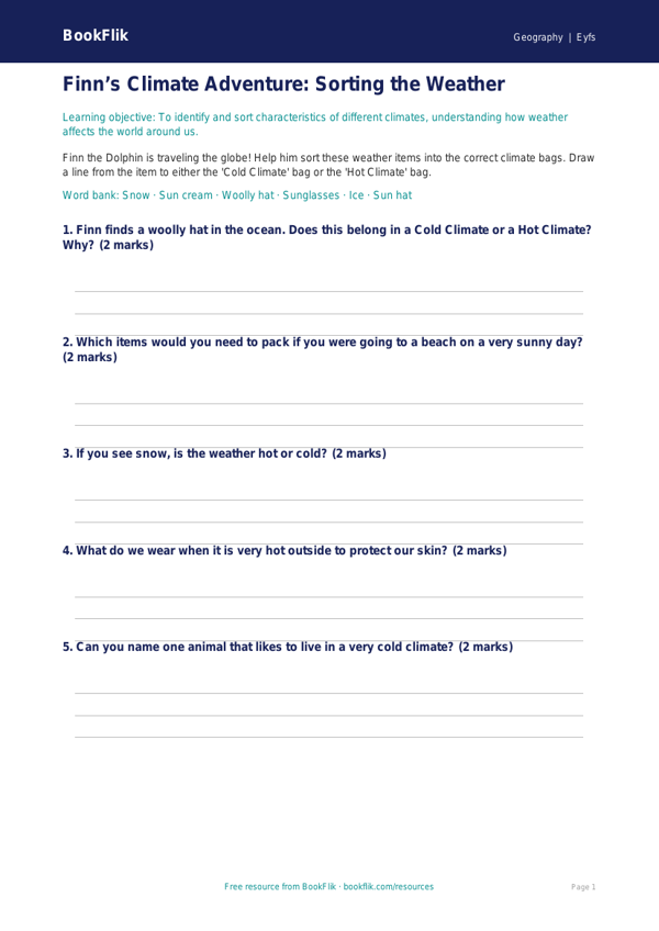 Free Climate Activity Sheet | Pre-K | Geography | BookFlik worksheet preview — Geography Climate