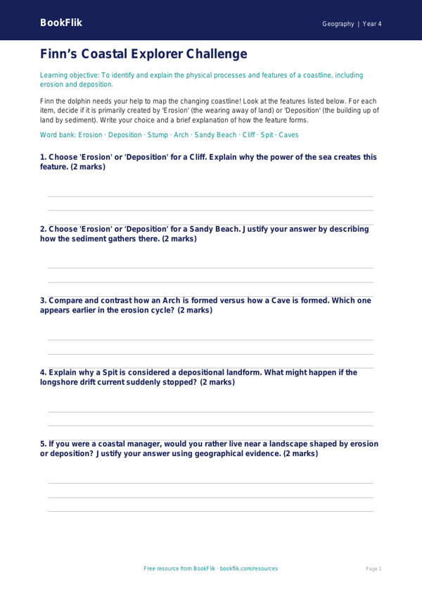 Free Coasts Activity Sheet | Grade 3 | Geography | BookFlik worksheet preview — Geography Coasts