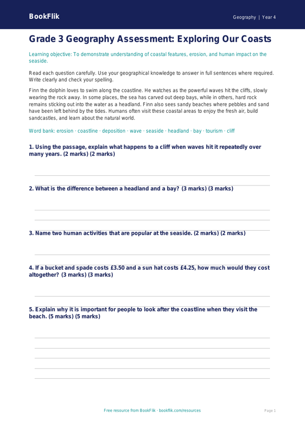 Free Coasts Assessment | Grade 3 | Geography | BookFlik worksheet preview — Geography Coasts