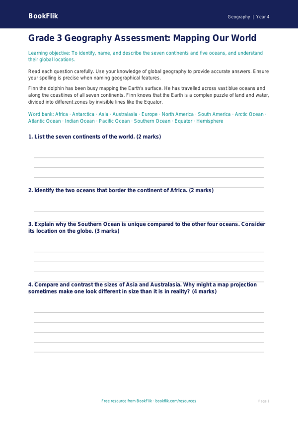 Free Continents And Oceans Assessment | Grade 3 | Geography | BookFlik worksheet preview — Geography Continents And Oceans