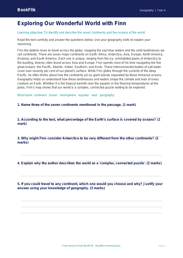 Free Continents And Oceans Comprehension | Grade 3 | Geography | BookFlik worksheet preview — Geography Continents And Oceans