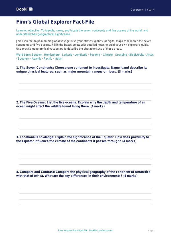 Free Continents And Oceans Template | Grade 3 | Geography | BookFlik worksheet preview — Geography Continents And Oceans