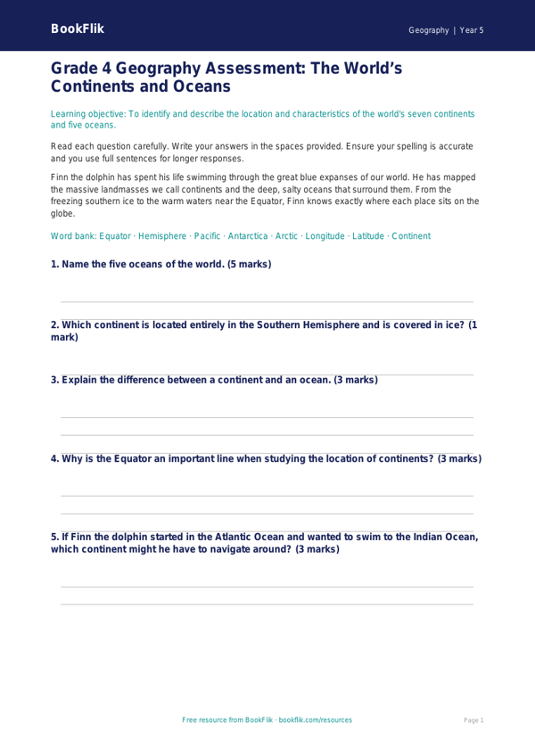 Free Continents And Oceans Assessment | Grade 4 | Geography | BookFlik worksheet preview — Geography Continents And Oceans