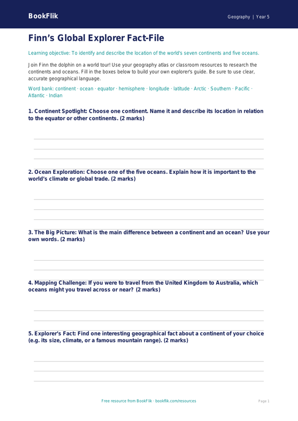 Free Continents And Oceans Template | Grade 4 | Geography | BookFlik worksheet preview — Geography Continents And Oceans