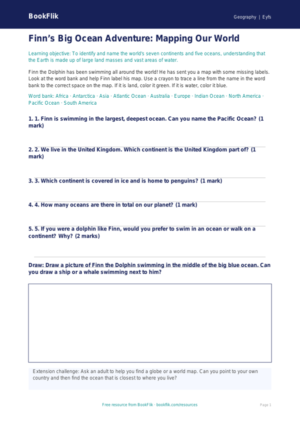 Free Continents And Oceans Activity Sheet | Pre-K | Geography | BookFlik worksheet preview — Geography Continents And Oceans