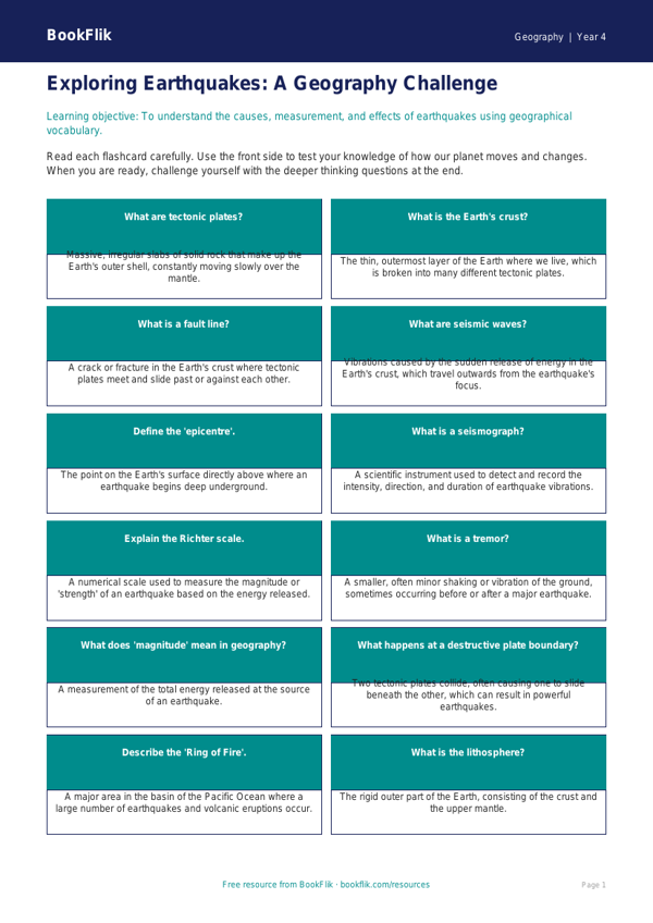 Free Earthquakes Flashcards | Grade 3 | Geography | BookFlik worksheet preview — Geography Earthquakes