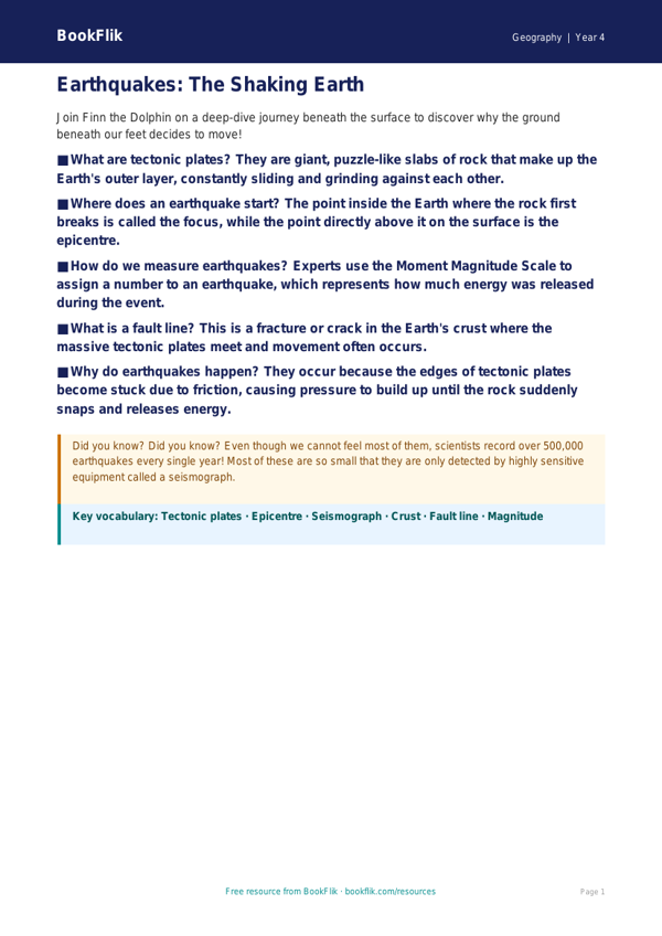 Free Earthquakes Poster | Grade 3 | Geography | BookFlik worksheet preview — Geography Earthquakes