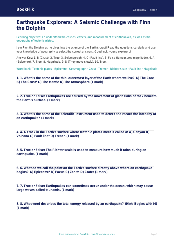Geography earthquakes quiz grade 3 greater depth worksheet preview — Geography Earthquakes