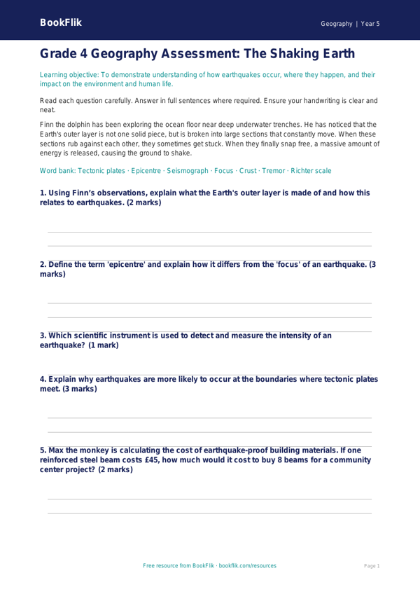 Free Earthquakes Assessment | Grade 4 | Geography | BookFlik worksheet preview — Geography Earthquakes