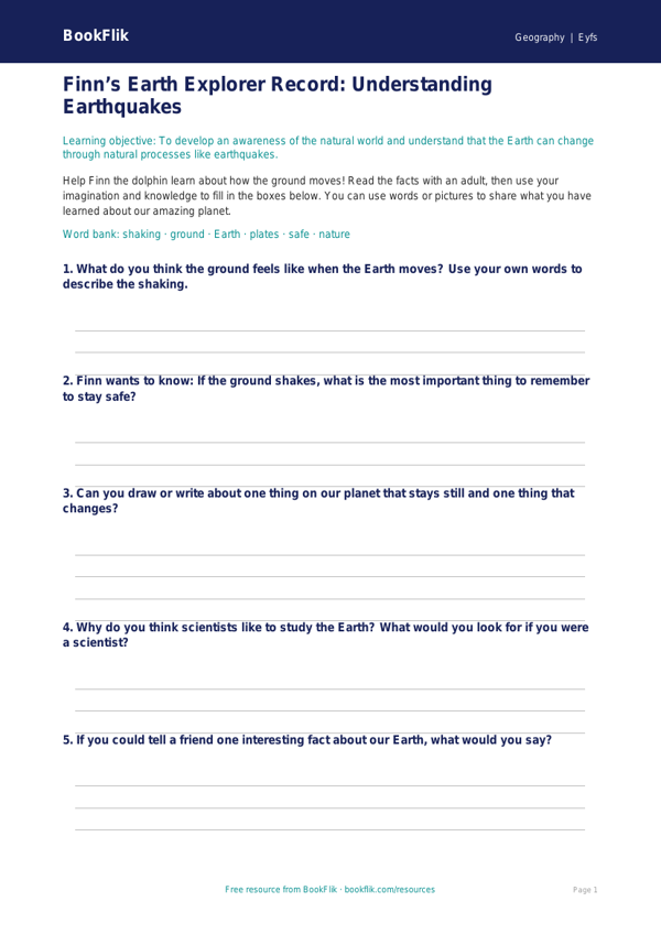 Free Earthquakes Template | Pre-K | Geography | BookFlik worksheet preview — Geography Earthquakes