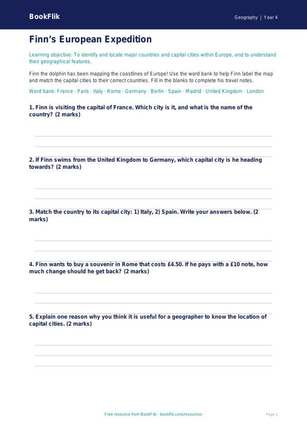 Free Europe Activity Sheet | Grade 3 | Geography | BookFlik worksheet preview — Geography Europe