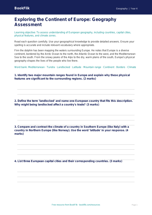 Free Europe Assessment | Grade 3 | Geography | BookFlik worksheet preview — Geography Europe