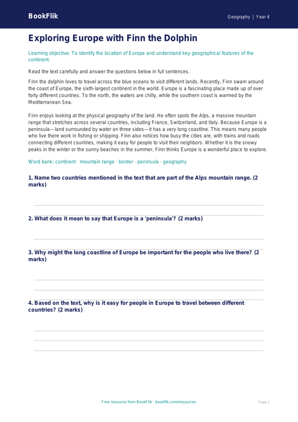 Free Europe Comprehension | Grade 3 | Geography | BookFlik worksheet preview — Geography Europe