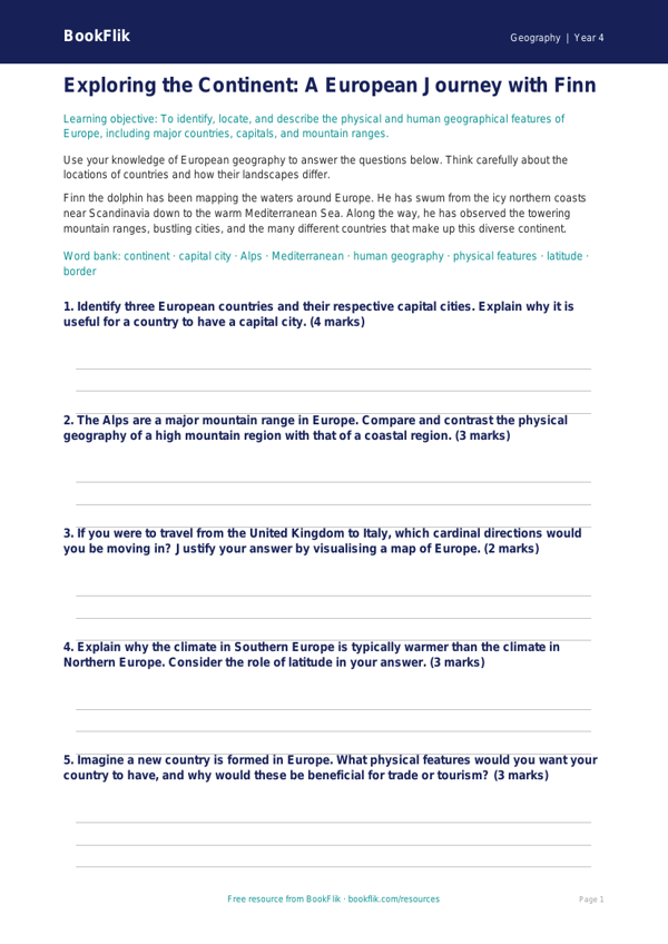Free Europe Worksheet | Grade 3 | Geography | BookFlik worksheet preview — Geography Europe
