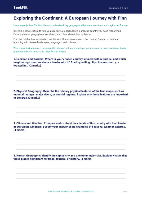 Europe Writing Frame | Grade 3 Geography Activity | BookFlik worksheet preview — Geography Europe