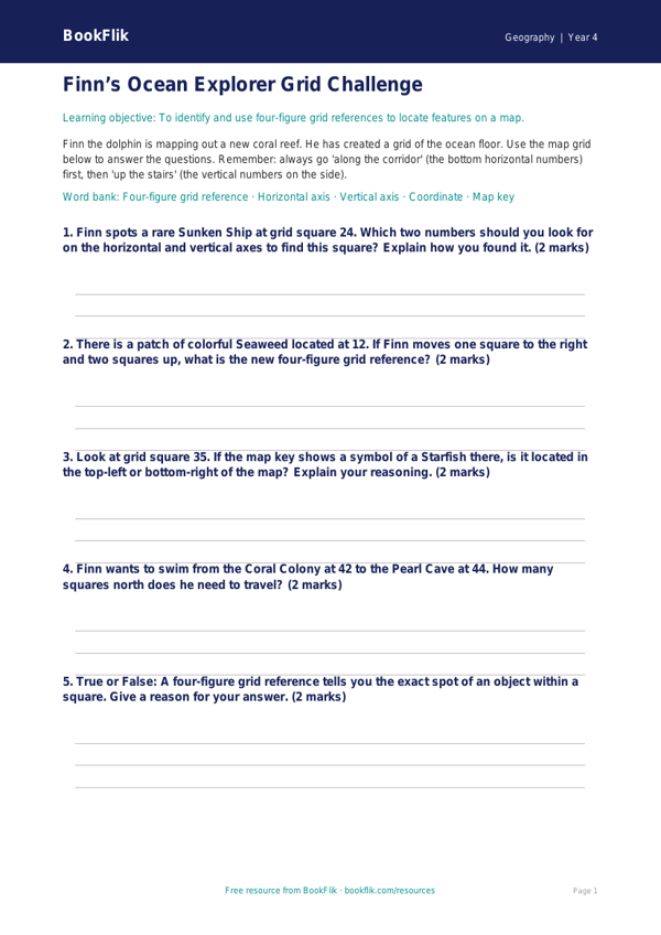 Free Grid References Activity Sheet | Grade 3 | Geography | BookFlik worksheet preview — Geography Grid References