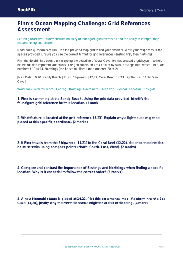 Free Grid References Assessment | Grade 3 | Geography | BookFlik worksheet preview — Geography Grid References