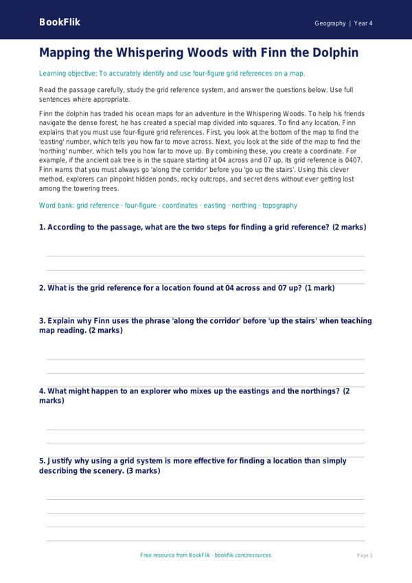 Free Grid References Comprehension | Grade 3 | Geography | BookFlik worksheet preview — Geography Grid References
