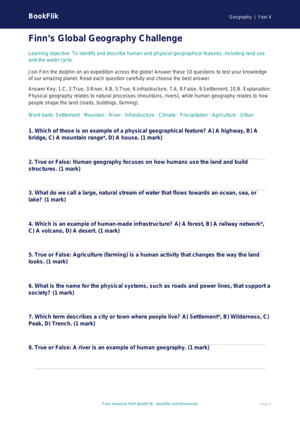 Free Human And Physical Geography Quiz | Grade 3 | Geography | BookFlik worksheet preview — Geography Human And Physical Geography
