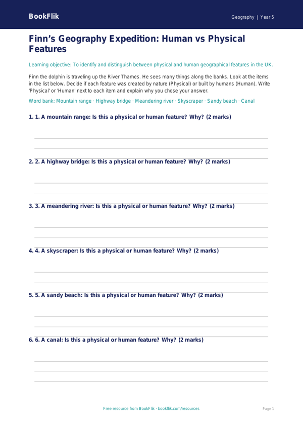 Free Human And Physical Geography Activity Sheet | Grade 4 | Geography | BookFlik worksheet preview — Geography Human And Physical Geography