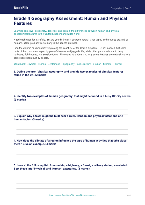 Free Human And Physical Geography Assessment | Grade 4 | Geography | BookFlik worksheet preview — Geography Human And Physical Geography