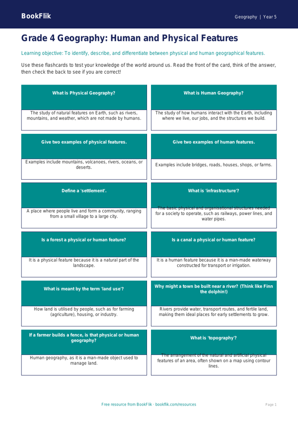 Free Human And Physical Geography Flashcards | Grade 4 | Geography | BookFlik worksheet preview — Geography Human And Physical Geography