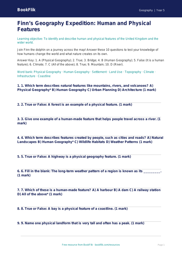 Free Human And Physical Geography Quiz | Grade 4 | Geography | BookFlik worksheet preview — Geography Human And Physical Geography