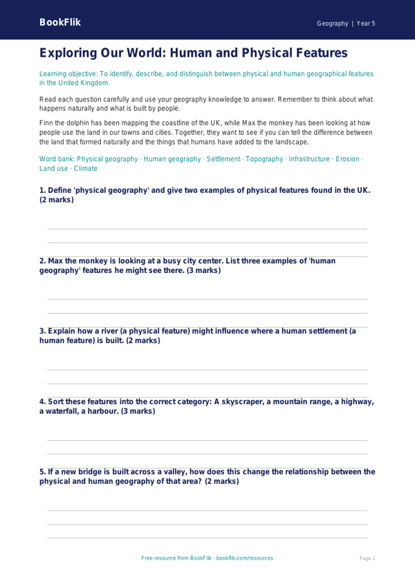 Free Human And Physical Geography Worksheet | Grade 4 | Geography | BookFlik worksheet preview — Geography Human And Physical Geography