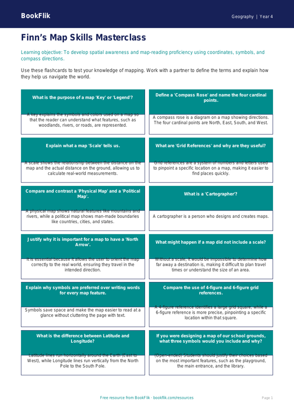 Free Map Skills Flashcards | Grade 3 | Geography | BookFlik worksheet preview — Geography Map Skills
