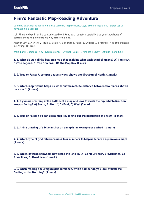 Free Map Skills Quiz | Grade 3 | Geography | BookFlik worksheet preview — Geography Map Skills