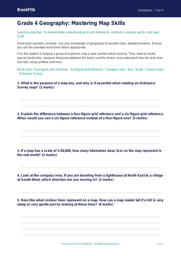 Free Map Skills Assessment | Grade 4 | Geography | BookFlik worksheet preview — Geography Map Skills