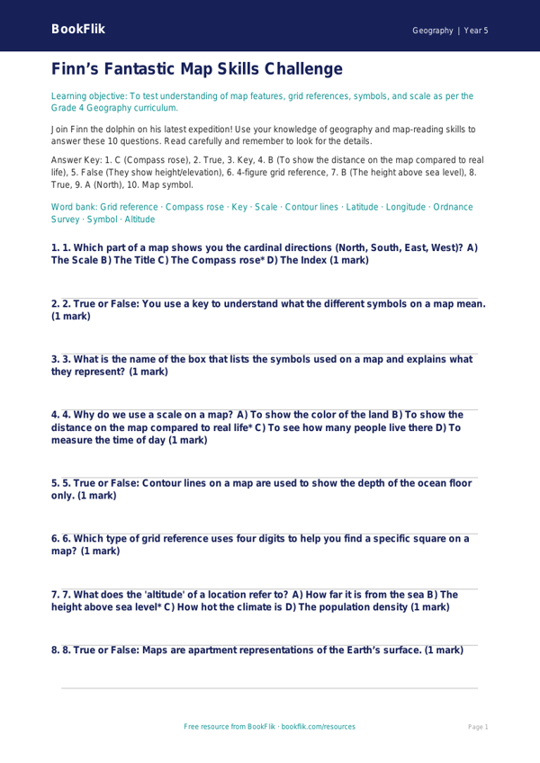 Free Map Skills Quiz | Grade 4 | Geography | BookFlik worksheet preview — Geography Map Skills