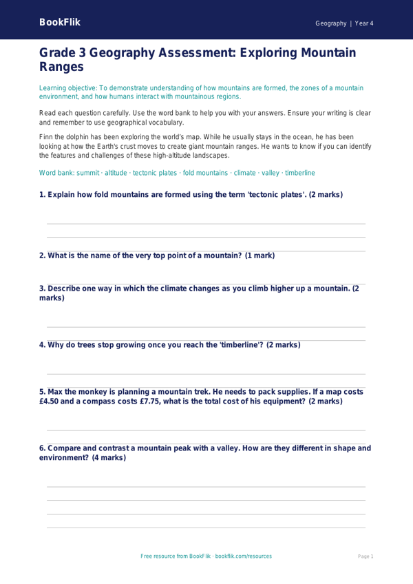 Free Mountains Assessment | Grade 3 | Geography | BookFlik worksheet preview — Geography Mountains
