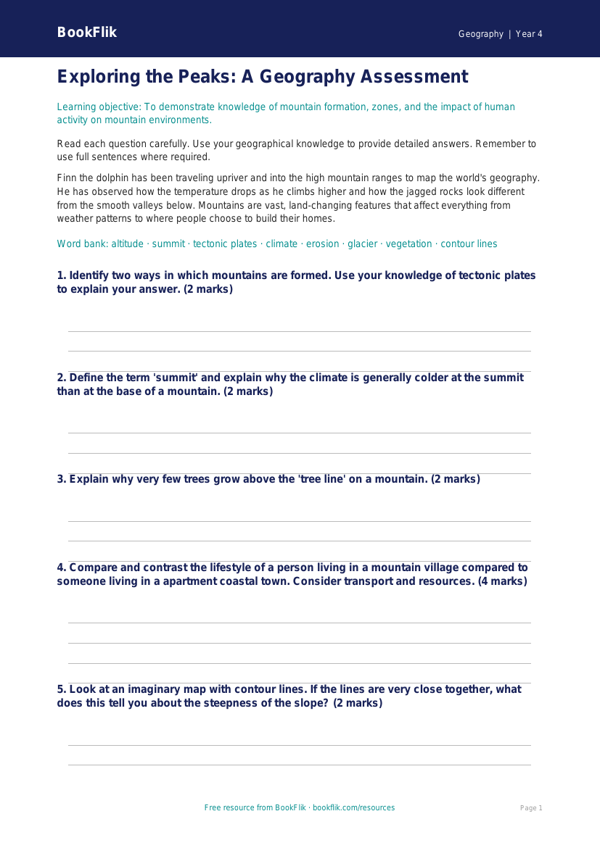 Free Mountains Assessment | Grade 3 | Geography | BookFlik worksheet preview β Geography Mountains