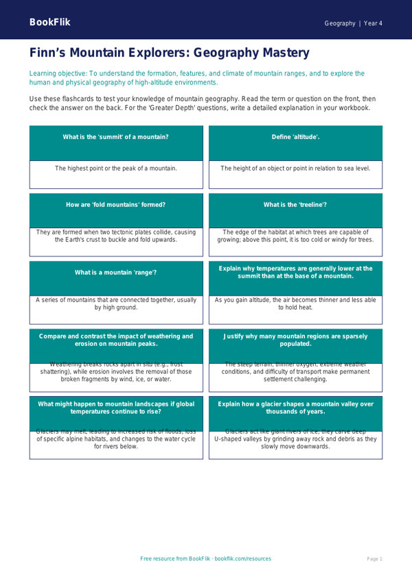 Free Mountains Flashcards | Grade 3 | Geography | BookFlik worksheet preview — Geography Mountains