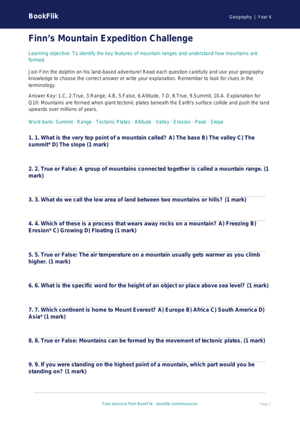 Free Mountains Quiz | Grade 3 | Geography | BookFlik worksheet preview — Geography Mountains