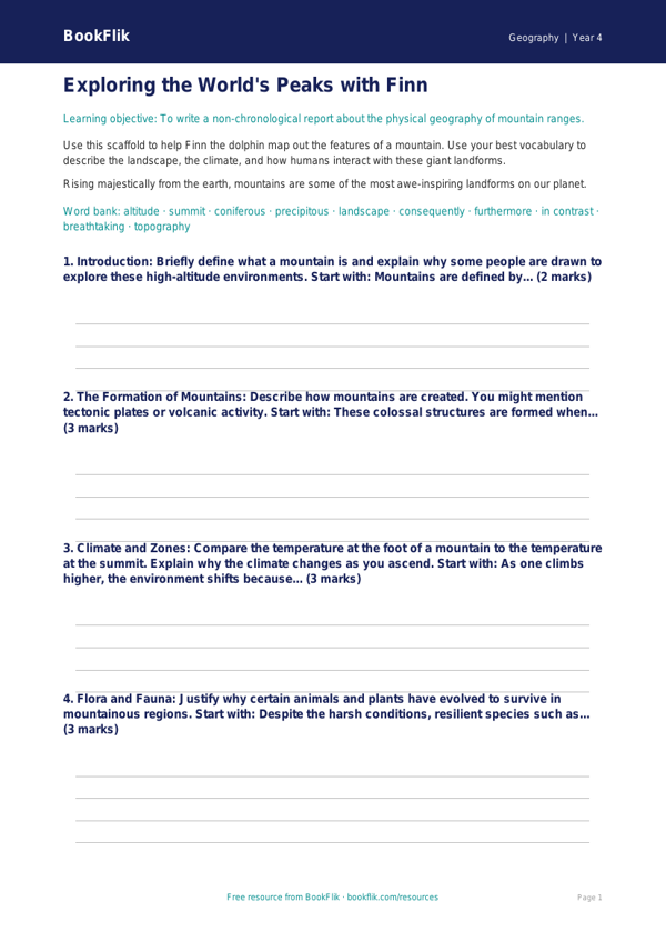 Free Mountains Writing Frame | Grade 3 | Geography | BookFlik worksheet preview — Geography Mountains